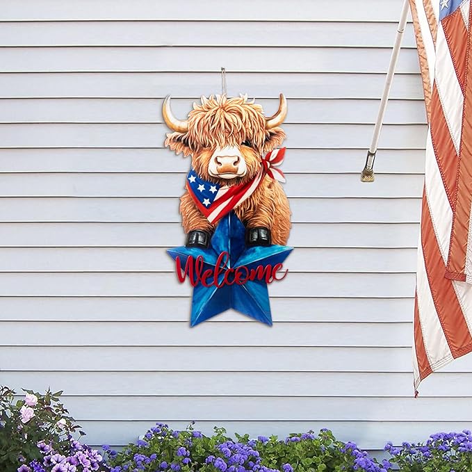 Glitzhome 4th of July Highland Cow Outdoor Decor, 30"H Patriotic Highland Cow Welcome Garden Stake or Wall Decor,Metal Calf Lovers Yard Signs for Independence Day Memorial Day Lawn Garden Decorations