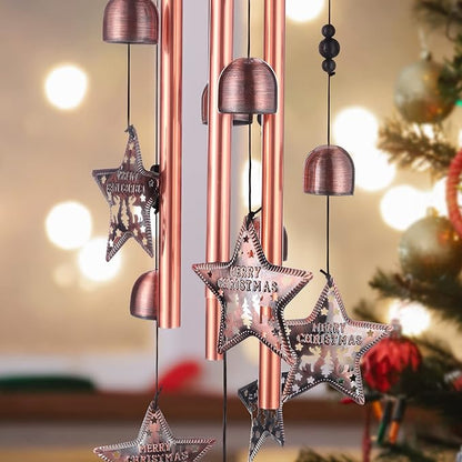 Yoption Christmas Wind Chime for Outside with Christmas Tree and Star, Handmade Metal Memorial Windchimes with S Hook for Garden Decor