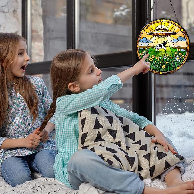Cow Wildflowers Stained Glass Window Hanging UFO Abduction Sun Catcher Funny Gifts for Women Room Decor Handmade SunCatcher Decoration for Home Window Decor, 7.87inch