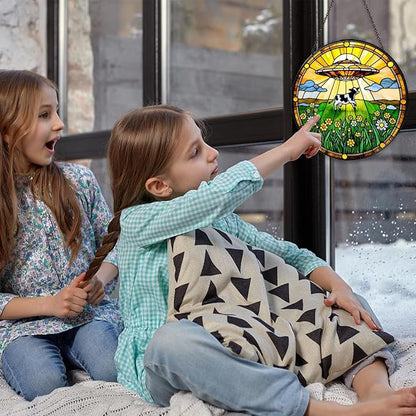 Cow Wildflowers Stained Glass Window Hanging UFO Abduction Sun Catcher Funny Gifts for Women Room Decor Handmade SunCatcher Decoration for Home Window Decor, 7.87inch