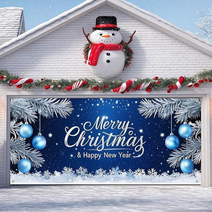 IVN Christmas Garage Door Cover Decoration 13x6ft Blue Night Snowflakes Silver Ornaments Pine Branches Merry Christmas Winter Garage Door Banner Home Door Front Yard Decor for Xmas Eve Holiday Outdoor