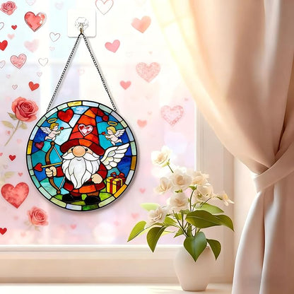 Funoasis Valentine's Day Stained Glass Suncatcher - 6.3 Inches Cupid Heart Gnome Ornament Window Hanging Decor for Home and Lover Gift