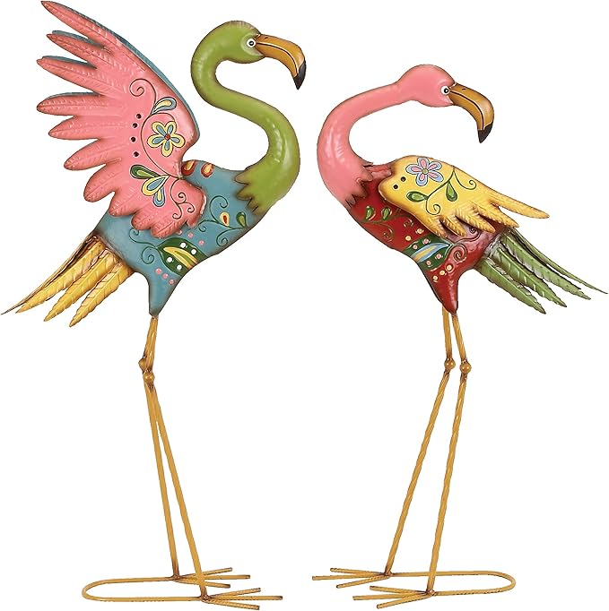 Deco 79 Metal Flamingo Decorative Garden Sculpture Indoor Outdoor Embossed Standing Garden Statues with Coiled U Shaped Feet, Set of 2 Outdoor Sculptures 28", 32"H, Multi Colored