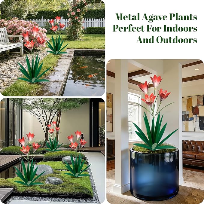 TOMBABY 32.28 Inch Metal Agave Plant Outdoor Decoration Lily Mexican Yard Art Garden Gift Home Decor Hand Painted Metal Agave Garden Yard Statue (2, Green)