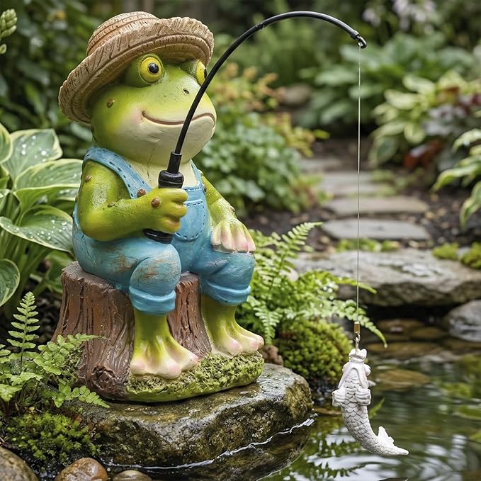 Elenon Fishing Frog Garden Statue, 9" Hat Frog with Pole Decor for Koi Pond Waterfalls, Adorable Flower Bed Outdoor Yard Patio Art Decorative Sculptures Table Ornament