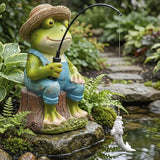 Elenon Fishing Frog Garden Statue, 9" Hat Frog with Pole Decor for Koi Pond Waterfalls, Adorable Flower Bed Outdoor Yard Patio Art Decorative Sculptures Table Ornament