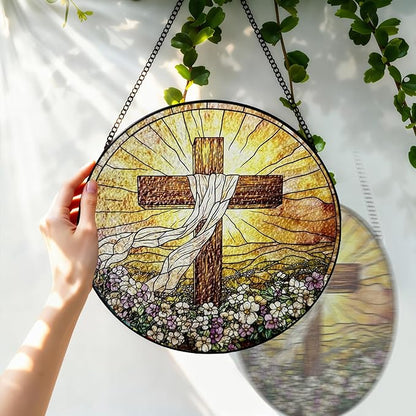 Stained Glass Cross Suncatcher Window Hanging, Christian Sun Catchers Indoor Window, Easter Suncatchers for Windows Hanging, Home Garden Decor Glass Panel, Religious Faith Christian Gift for Women Men