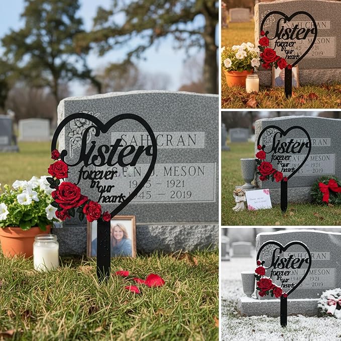 AIM & GGKK Memorial Stake for Sister - Metal Heart Grave Marker with Red Roses, Memorial Plaque Cemetery Decor for Grave, Garden, Gravesite