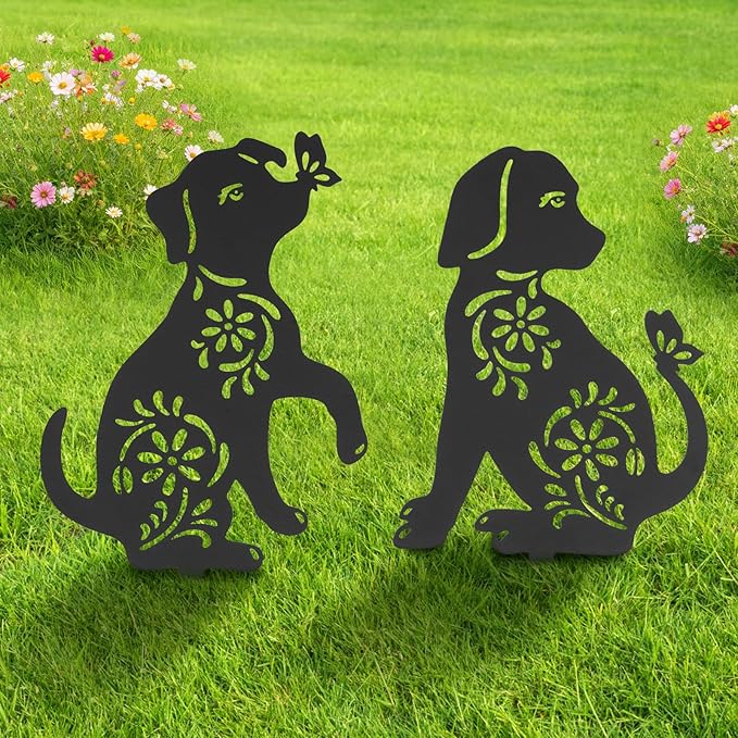 FACULX Dog Metal Decorative Garden Stakes, Rust Proof Dog Metal Black Silhouette Decor Garden Stakes for Yard Patio Lawn Decorations, Dogs Outdoor Decor Gifts for Women/Men