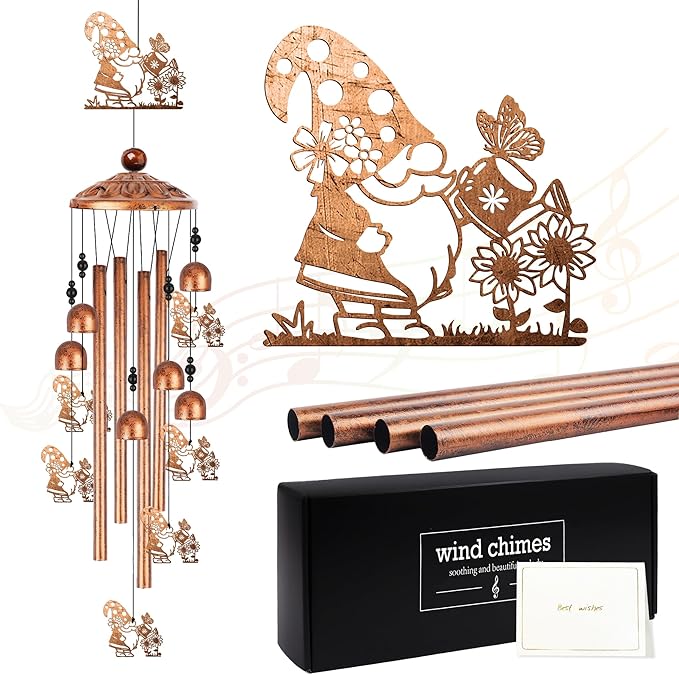 Gnome Wind Chimes for Outside, Garden Gnome Gifts for Women Men Metal Windchimes Outdoors, Sunflower Hat Design Home Garden Patio Yard Decor