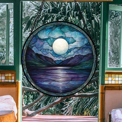 DASTOLL Stained Glass Window Hanging, Blue Night Moon Lake Sun Catchers Colorful Glass Panel Landscape Suncatcher Decor for Birthday for Women, Men, Wife, Aunt, and Mom 14.9x14.9 in