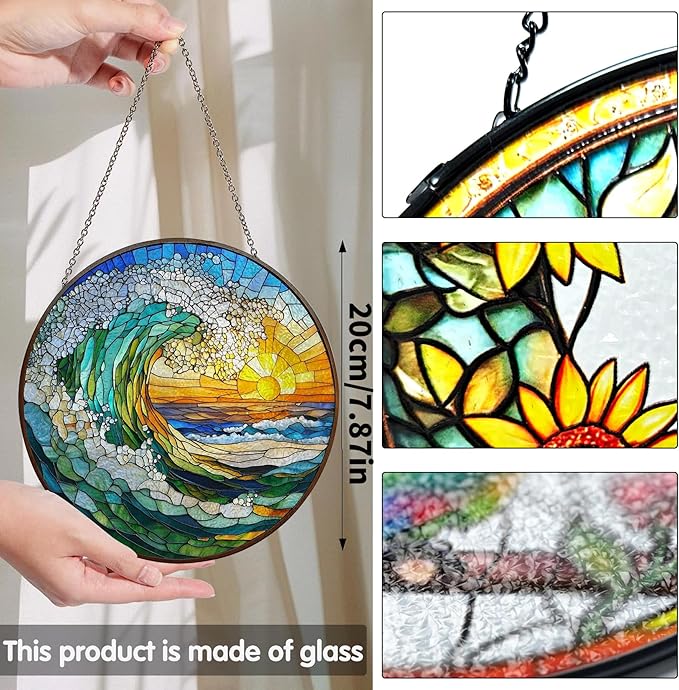 Bimkole Sun Waves Stained Glass Suncatcher Window Hanging - Landscape Indoor Window or Doorway Decoration - Handmade Sun Catcher Decor for Garden Home Christmas & Birthday Gifts 7.87x7.87 Inch