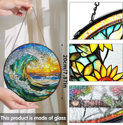 Bimkole Sun Waves Stained Glass Suncatcher Window Hanging - Landscape Indoor Window or Doorway Decoration - Handmade Sun Catcher Decor for Garden Home Christmas & Birthday Gifts 7.87x7.87 Inch