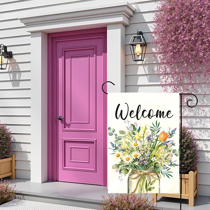 Spring Welcome Garden Flag Watercolor Wildflower Bouquet Mason Jar Floral Yard Flags Springtime Home Seasonal Bright Daisy Tulip Rustic Farmhouse House Banner Front Porch Outdoor 12×18 Inch