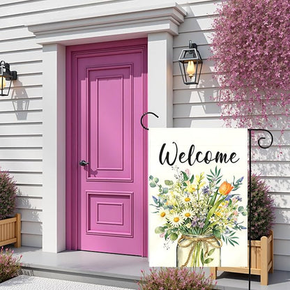 Spring Welcome Garden Flag Watercolor Wildflower Bouquet Mason Jar Floral Yard Flags Springtime Home Seasonal Bright Daisy Tulip Rustic Farmhouse House Banner Front Porch Outdoor 12×18 Inch