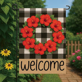 Buffalo Plaid Welcome Wreath Garden Flag Red Hibiscus Flower Red Floral Flag 12x18 Double Sided Tropical Floral Yard Decor for Spring Summer Outdoor Porch Patio Lawn Farmhouse