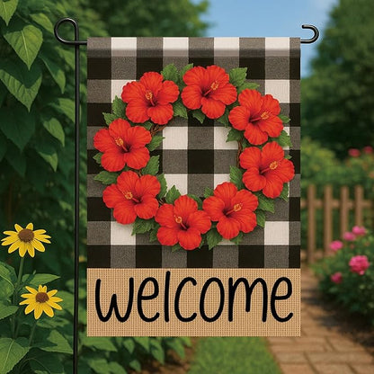 Buffalo Plaid Welcome Wreath Garden Flag Red Hibiscus Flower Red Floral Flag 12x18 Double Sided Tropical Floral Yard Decor for Spring Summer Outdoor Porch Patio Lawn Farmhouse