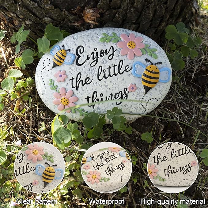 Spring Decorative Garden Stones Outdoor, 6x4.1In Bee Enjoy The Little Things Stone with Pink Floral, Concrete Stepping Stones for Walkway Pathway Yard Outside