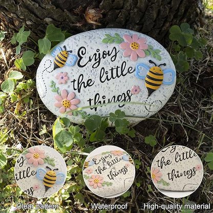 Spring Decorative Garden Stones Outdoor, 6x4.1In Bee Enjoy The Little Things Stone with Pink Floral, Concrete Stepping Stones for Walkway Pathway Yard Outside