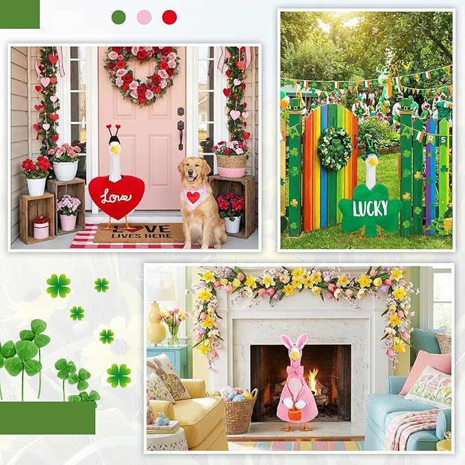 Abbylike 3 Sets St. Patrick's Day Porch Goose Outfits Lucky Shamrock Clover Yard Goose Clothes Easter Spring Lawn Costume for 23 Inch Cement Patio Garden Outdoor Statue Art Decorations