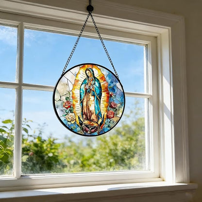 7.88'' Virgin Mary Stained Glass Window Hanging,Christian Mary Suncatchers Stained Glass Hanging with Hook Chain for Window, Sun Catchers Home Decor for Mother's Day for Women, Men, Wife, Aunt, Mom