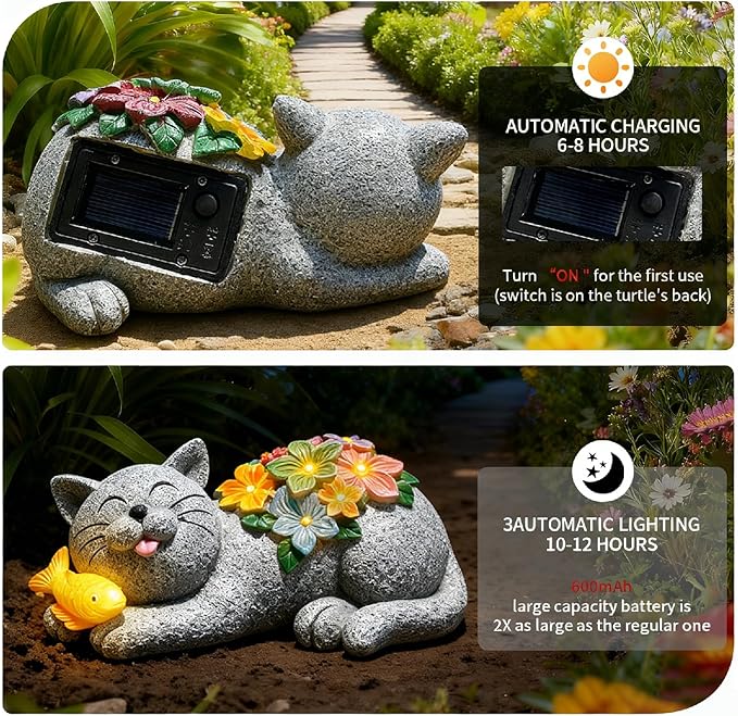Solar Garden Outdoor Statues Cat with Succulent and 7 LED Lights -Waterproof Animal Lawn Decor Statue for Patio, Balcony, Yard Ornament for Mom Grandma Women