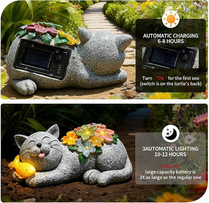 Solar Garden Outdoor Statues Cat with Succulent and 7 LED Lights -Waterproof Animal Lawn Decor Statue for Patio, Balcony, Yard Ornament for Mom Grandma Women