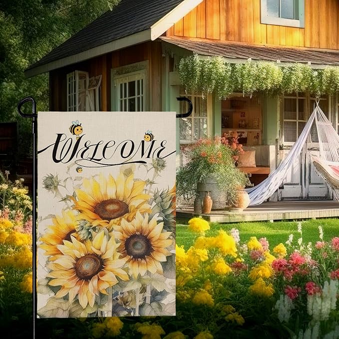 Summer Sunflower Garden Flag for Outside 12x18 Inch Double Sided Welcome Bee Vertical Seasonal Yard Flags Floral Holiday Party Yard Outdoor Decoration