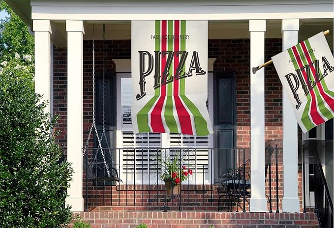 Mugod Retro Pizza Decorative House Flag Double Sided 28 x 40, Italian Food Red Green Striped Large Burlap Outdoor Flag Garden Yard Outside Decoration