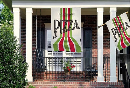 Mugod Retro Pizza Decorative House Flag Double Sided 28 x 40, Italian Food Red Green Striped Large Burlap Outdoor Flag Garden Yard Outside Decoration