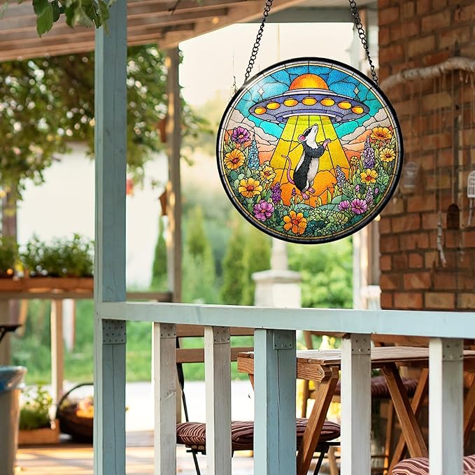 7.8 Inch Stained Glass Window Hanging UFO Mouse Sun Catcher Indoor Window Door Wall Yard Home Decor Stained Glass Ornament Colorful Glass Panel Suncatcher Gifts for Women Men Mom Art Lover Astronomer