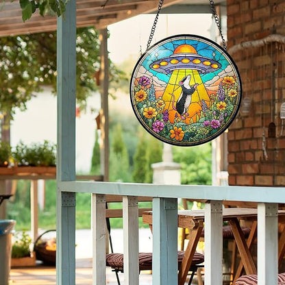 7.8 Inch Stained Glass Window Hanging UFO Mouse Sun Catcher Indoor Window Door Wall Yard Home Decor Stained Glass Ornament Colorful Glass Panel Suncatcher Gifts for Women Men Mom Art Lover Astronomer
