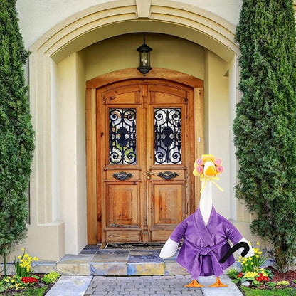 Shyyween Old Lady Porch Goose Outfit 23 Inch Cement Plastic Lawn Goose Statue Clothes Winter Pjs Purple Bathrobe and Curlers Coffee Cup Crutch Set