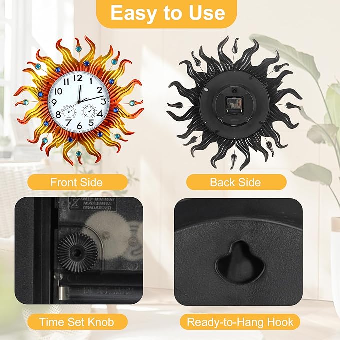 shumi Large Sun Outdoor Wall Clock, Outdoor Clock Thermometer and Hygrometer Combo, Decorative Wall Clock Silent Non-Ticking for Patio, Pool and Bathroom