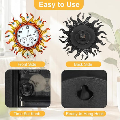 shumi Large Sun Outdoor Wall Clock, Outdoor Clock Thermometer and Hygrometer Combo, Decorative Wall Clock Silent Non-Ticking for Patio, Pool and Bathroom
