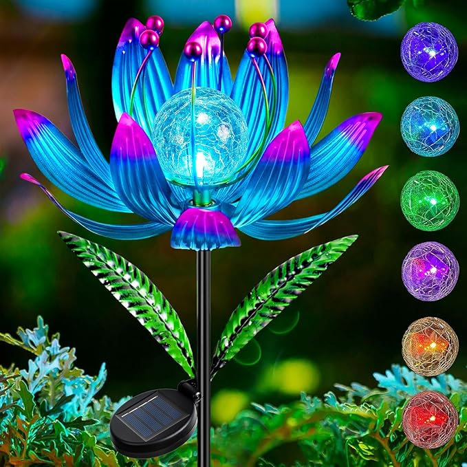 Solar Wind Spinner Outdoor Metal - Kinetic Lotus Flower Garden Sculptures & Spinners with Crackle Glass Lighting, 360° Spinning Yard Art Decor for Patio, Lawn, Pathway, Gifts for Women