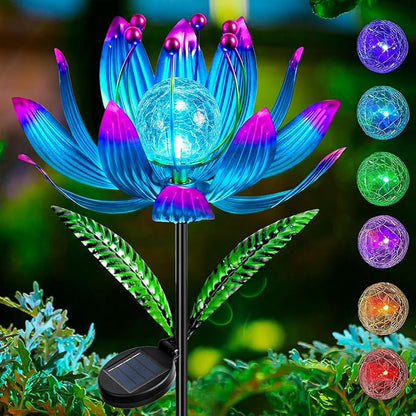 Solar Wind Spinner Outdoor Metal - Kinetic Lotus Flower Garden Sculptures & Spinners with Crackle Glass Lighting, 360° Spinning Yard Art Decor for Patio, Lawn, Pathway, Gifts for Women