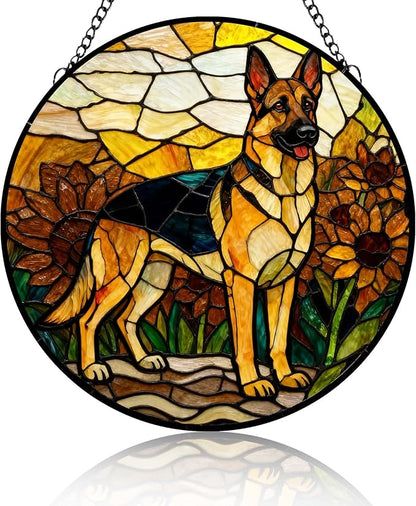 Stained Glass Suncatcher German Shepherd Among Sunflowers Handmade Window Hangings Colored Glass Suncatcher for Indoor Garden Christmas Home Decor Gift for Pet Dog Lover Memorial (7.9in)