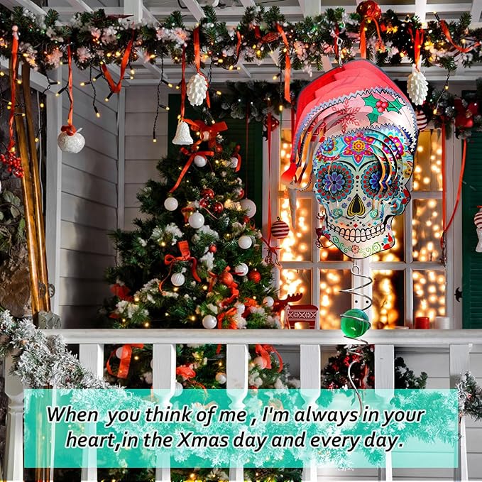 FONMY Santa Sugar Skull Wind Spinner Kinetic 3D Metal Garden Wind Sculpture Unique Gifts Christmas Decorations Quality Hanging Ornament for Home and Garden Indoor/Outdoor 12inch Mandala Wind Spinners