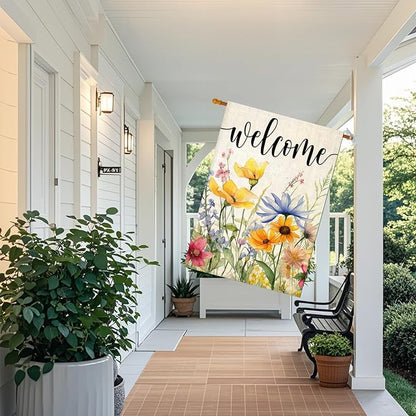 Welcome Flowers House Flags for Outdoor Decoration, Spring Watercolor Floral Large Yard Flag, Decorative Summer Celebration Decor for Seasonal Farmhouse Holiday Outside 28x40 Inch Vertical