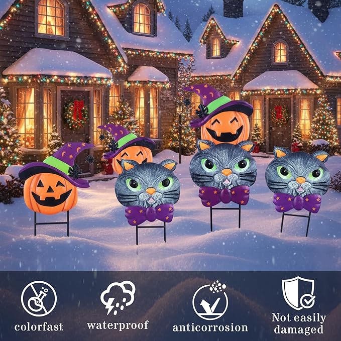 Halloween Decorations Outdoor with Cute Black Cat Pumpkin, Metal Halloween Yard Stakes, Stacked Jack-o-Lantern Garden Stakes Decor for Pathway Patio Party, 25"