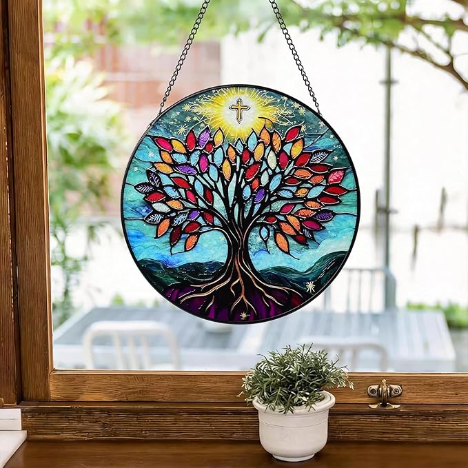 Stained Glass Window Hanging Tree of Life Sun Catcher Indoor, Window Garden Decor Art, Stained Glass Suncathers, Christian Gifts for Women,Mom, Grandma,Friends and Wife Gifts 7.8’’ Blue