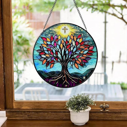 Stained Glass Window Hanging Tree of Life Sun Catcher Indoor, Window Garden Decor Art, Stained Glass Suncathers, Christian Gifts for Women,Mom, Grandma,Friends and Wife Gifts 7.8’’ Blue