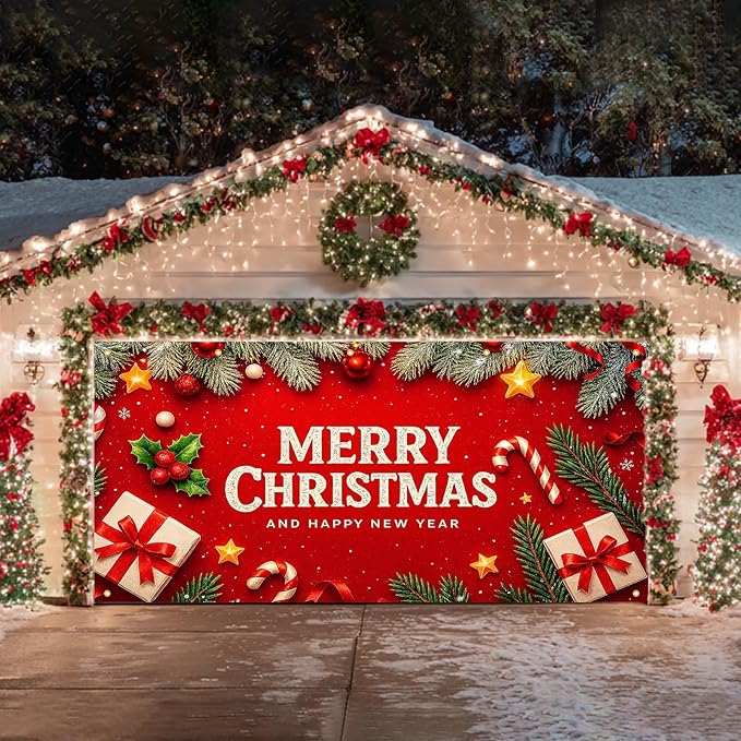 HOMETITUTE Christmas Door Banner 13x6ft Holiday Porch Decoration Red Background Merry Christmas And Happy New Year Pine Branches Ornaments Gifts Winter Seasonal Front Door Cover Wall Decor