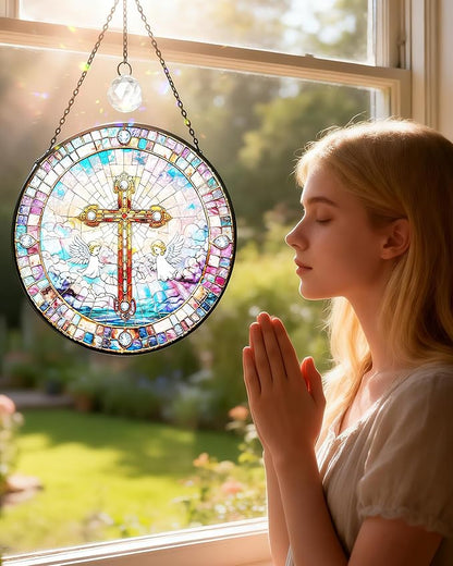 Christian Stained Glass Window Hanging Sun Catcher, Religious Faith for Mom or Grandma, Church Window Decor