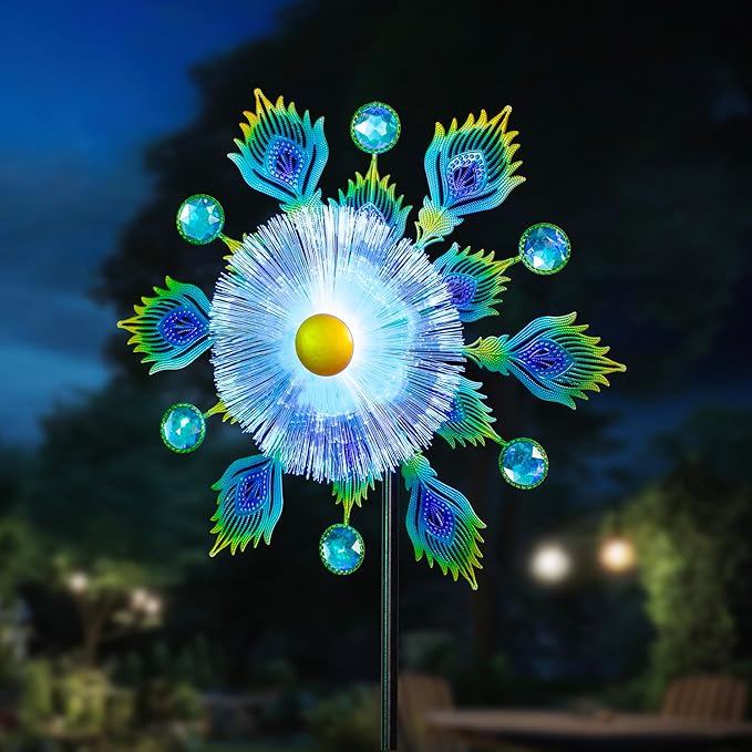 46" Peacock Feather Solar Wind Spinners Led Garden Wind Spinner, Sapphire Kinetic Windmill Wind Spinner Outdoor Decor, Wind Sculpture for Patio, Lawn & Garden