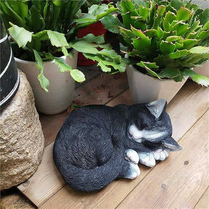 Realistic Cat Garden Outdoor Statue, Sleeping Kitten Figurines Sculpture Decoration for Patio, Yard, Porch Lawn Ornament, Office Home Art Décor Cat Memorial Stone (Black)
