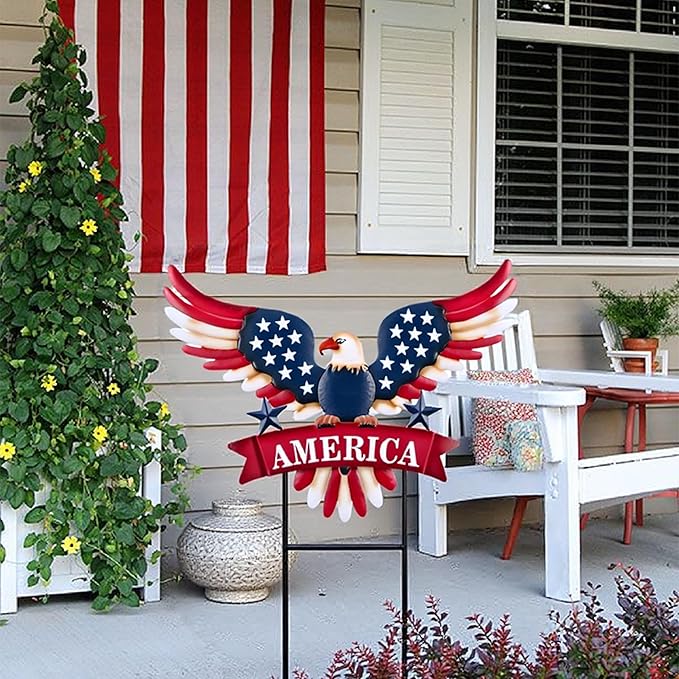 TERESA'S COLLECTIONS 4th of July Decorations for Outdoor, Patriotic Memorial Day Garden Decor, Eagle Metal Yard Art Sign for Outside, Americana Garden Stake for Lawn, Independence Day Gifts, 26.7''