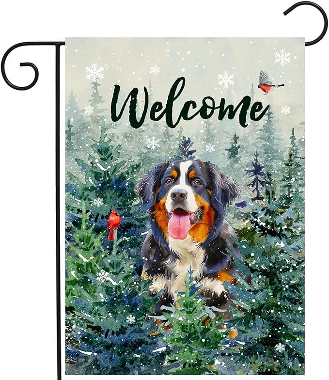 Welcome Winter Garden Flags Bernese Mountain Garden Flag Cardinal Birds on Snowy Pine Tree Flag Dog Yard Flags for Outside 12x18 Double Sided Christmas Decorative