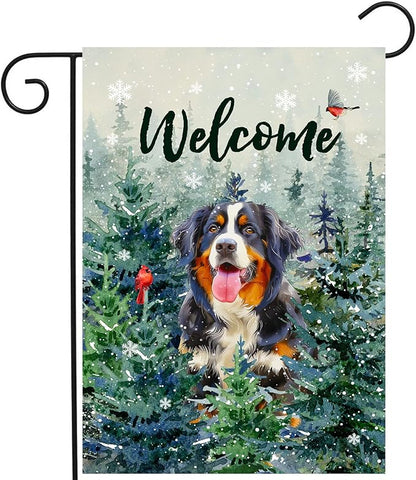 Welcome Winter Garden Flags Bernese Mountain Garden Flag Cardinal Birds on Snowy Pine Tree Flag Dog Yard Flags for Outside 12x18 Double Sided Christmas Decorative